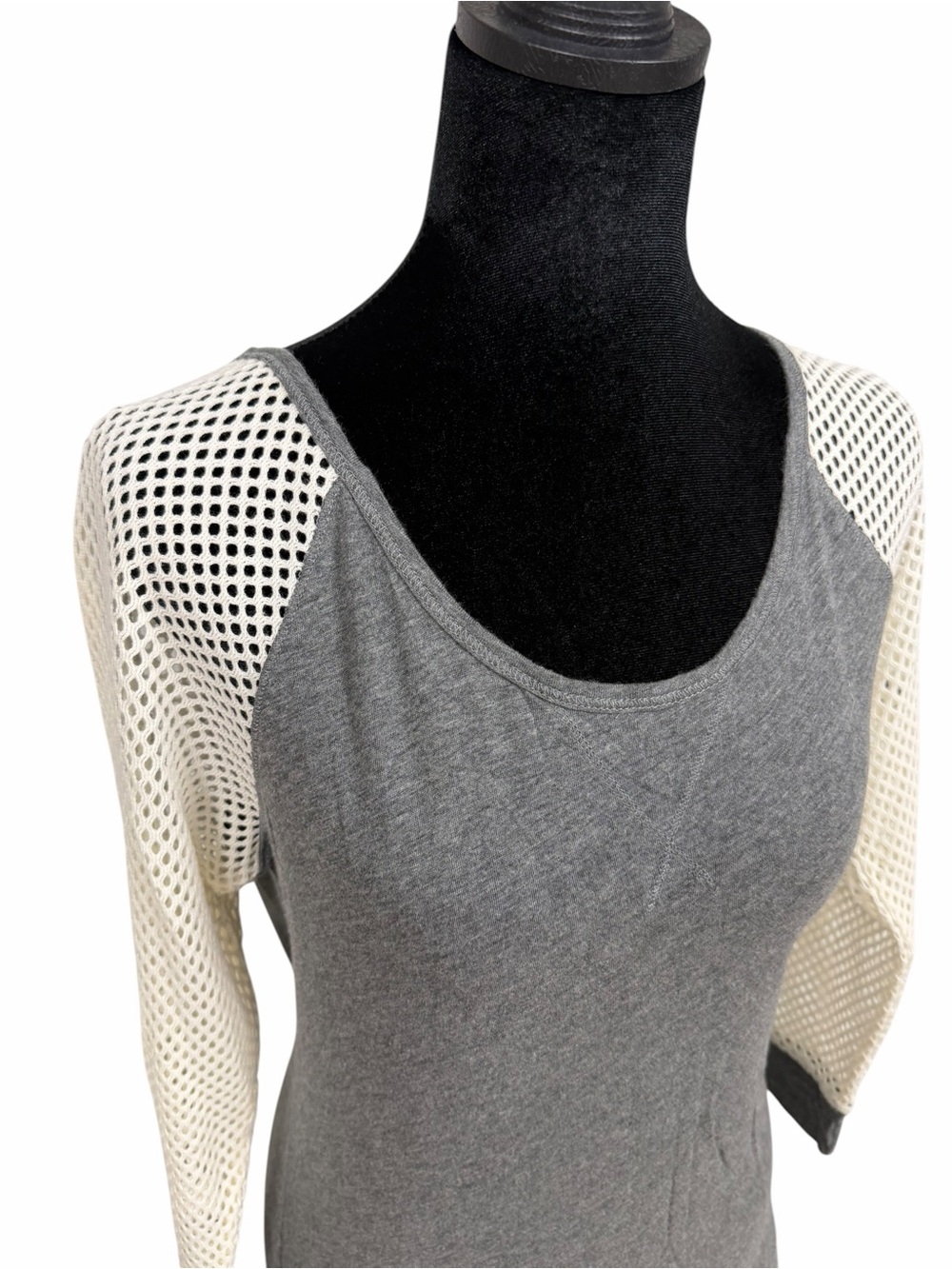 Express Women’s Grey Scoop Neck Knit Top with Cream Mesh Sleeves